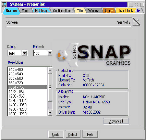 first page of Snap screen dialog